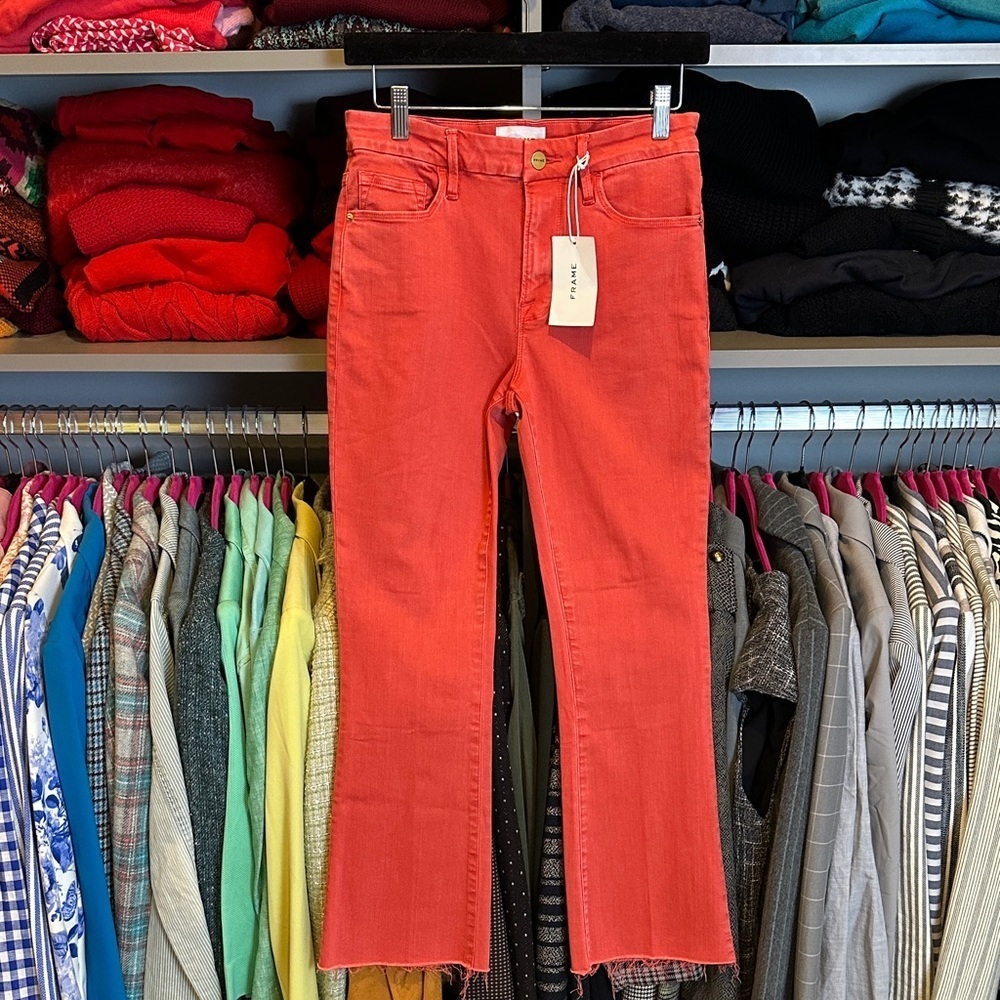 Frame deep coral raw hem straight leg cropped jeans size 27 NWT